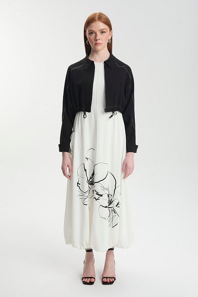 Zühre Floral Patterned Dress Jacket Black/Ecru Two Piece Set 1599