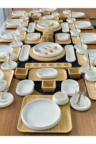 MD MİMOZA DEKOR Breakfast Set 112 Pieces for 12 Square Bamboo&White