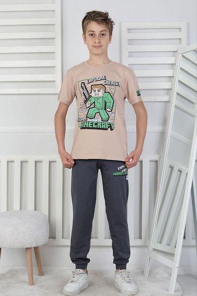 Yağmur Giyim İsob Beige Minec Patterned 100% Cotton Short Sleeve Boy's Pajamas Set 8-13 Years 41512-Be
