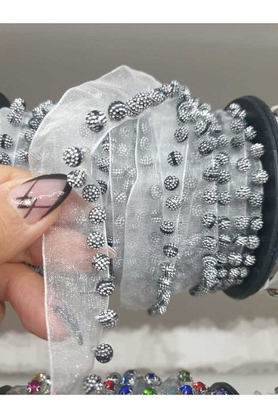 ESRA ŞELEM White Tulle Bias Ball Bead Detailed Decorative Ribbon Applique Sewing Accessory