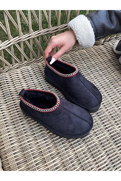 Elvinin Tarzı Puffy İçi Kürklü Düz Taban ( Siyah Renk )
