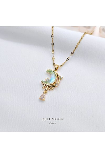 CHICMOON STORE Gold Color Steel Zircon Stone Moon Necklace