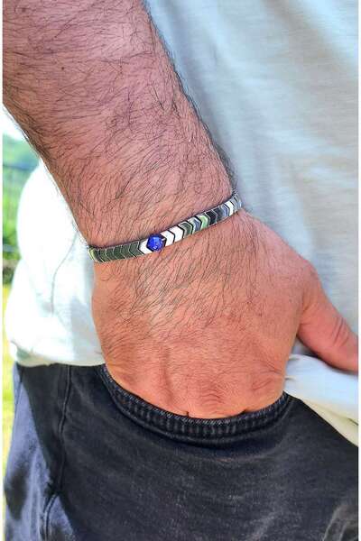 Ayza Hematite Sergeant Bracelet Blue Agate Stone Detailed/Natural Stone Bracelet