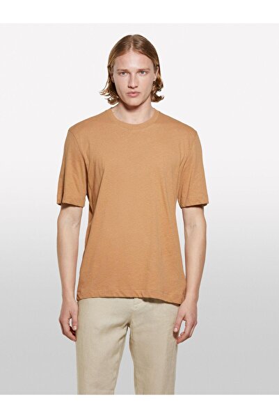 Sisley Ανδρικό μπλουζάκι με λαιμόκοψη με λινό, καφέ - 325P3D8FS104L