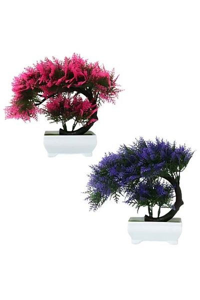 Evelise Set of 2 Decorative Artificial Bonsai in Pots, 1 Purple and 1 Pink, 28 cm