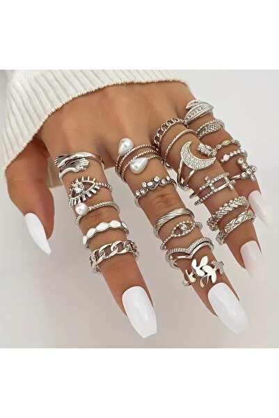 Perry Accesories 22 adet zirkon taşlı ayarlanabilir incili çoklu eklem yüzüğü...