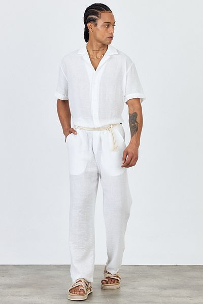 MADZEYMODA Ανδρικό καλοκαιρινό άνετο κοντομάνικο πουκάμισο και παντελόνι Premium Λευκό λινό κοστούμι LS-5698
