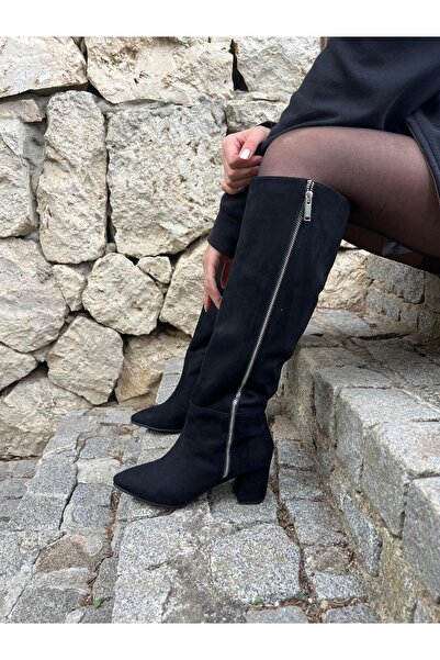 Elvinin Tarzı Maria Fermuarlı Çizme ( Siyah ) Süet