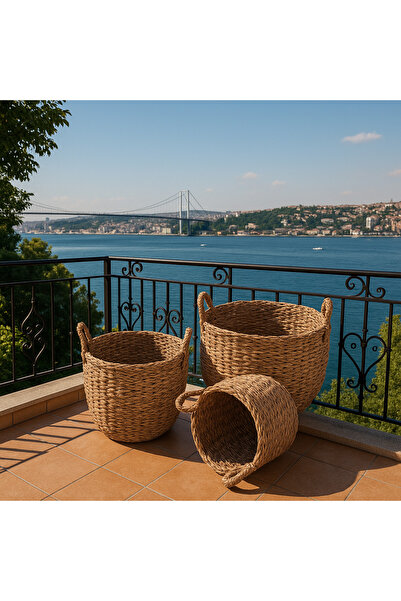 Veliday Davet Naturel Hasır Saksı, Dekoratif Sepet Kulplu