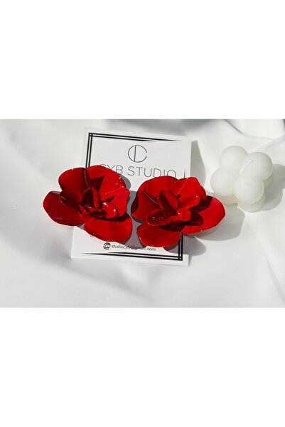 CYB STUDİO Metal Large Red Flower Stainless Steel Earrings