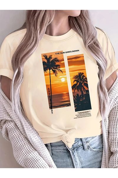 WOODROFFE Γυναικείο μπλουζάκι με λαιμόκοψη με θέμα Sunset Palm Oversize Loose Boyfirend