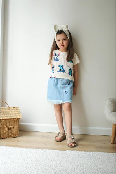 Narin kids Bayramlık Stich Detaylı Kot Etekli Kız Çocuk Alt Üst Takım