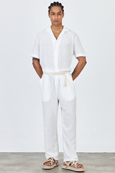 MADZEYMODA Premium Men's Summer Comfortable Fit Short Sleeve Shirt & Pants Bottom Top White Linen Suit Ls-5698