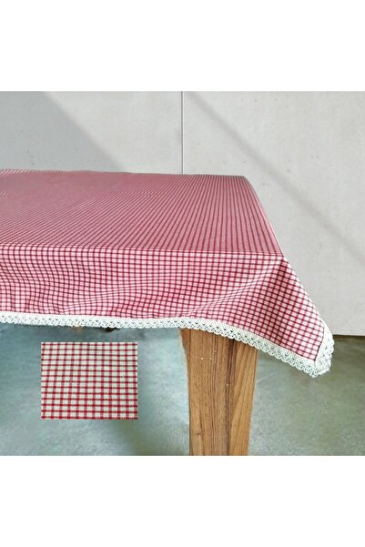 denizli hatırası Organic Raw Linen Red Poti Checkered Laced Tablecloth