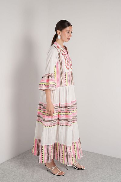 NAVAJO Maxi Dress - White Pink Embroidery Lined – 100% Cotton – Standard Size (36-44)