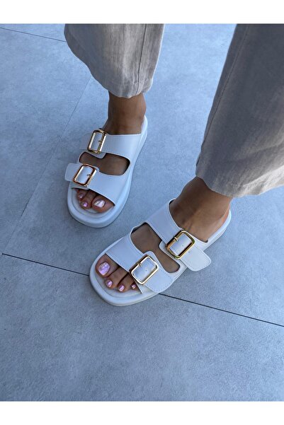 Elvinin Tarzı Nora White Color Buckle Detailed Pufidik Sole Slippers