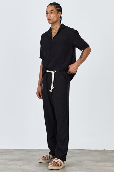 MADZEYMODA Premium Men's Summer Comfortable Fit Short Sleeve Shirt & Pants Bottom Top Black Linen Suit Ls-5698