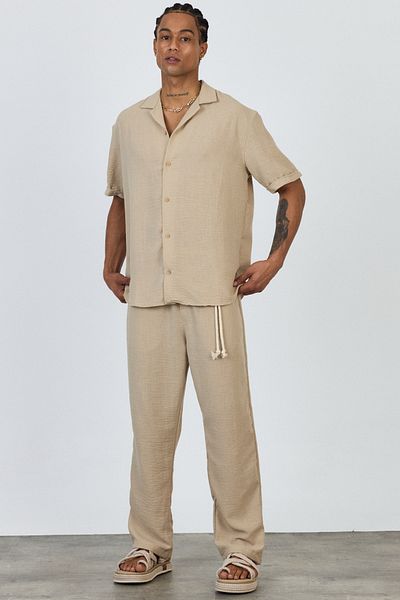 MADZEYMODA Premium Men's Summer Comfortable Fit Short Sleeve Shirt & Pants Bottom Top Beige Linen Suit Ls-5698