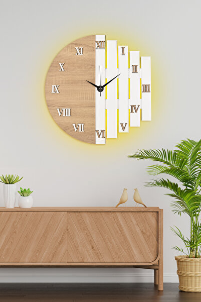 İnfigo Concept Dekoratif Ahşap Işıklı Beyaz Roma Rakamlı Ledli Duvar Saati 43...