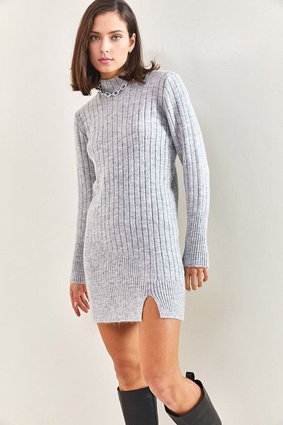 KURGAN TEKSTİL Women's Ribbed Knitwear Dress with Slit Hem