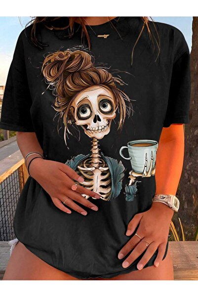 WOODROFFE Tricou negru Boyfirend, cu decolteu rotund, cu tematică Halloween, pentru femei