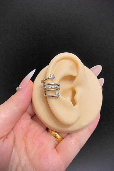 Blisse Piercing Gümüş Renk Zirkon Taşlı Yıldız Figürlü Çelik Ear Cuff – Deliksiz, Sıkıştırmalı Kıkırdak Küpe