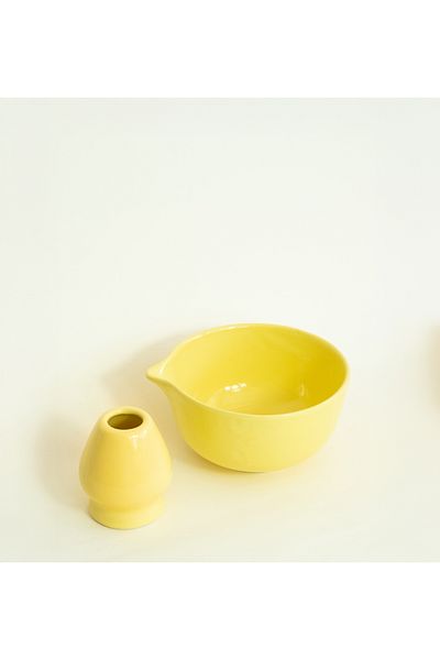 Beige & Stone Ceramic Bright Yellow Matcha Bowl and Whisk Holder Set