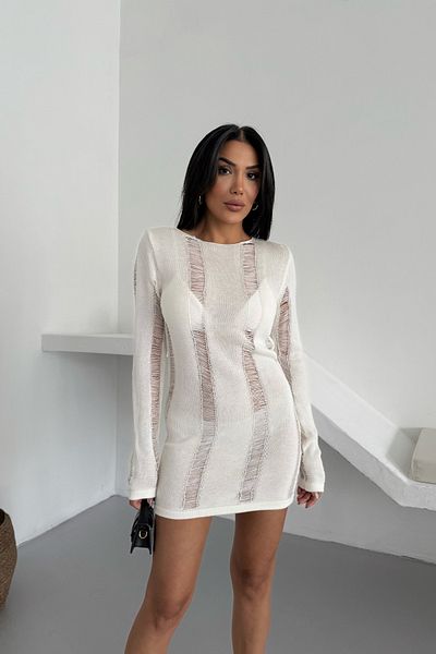 bayansepeti Women's Knitwear Fabric Low-Cut Transparent Look Long Sleeve Mini Cut Ecru Beach Dress 003