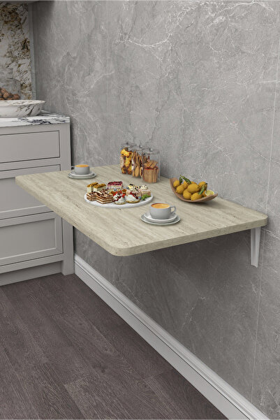 Kydonia Home 60x90 cm İskandinav Tarzı Duvara Monte Katlanır Masa – Traverten Desenli, Oval Köşeli