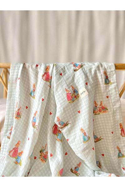 Zezig Rabbit Family Purple Blue Muslin Blanket