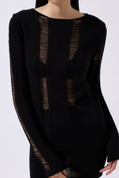 vuvutasarım Women's See-Through Look Long Sleeve Black Beach Dress 003