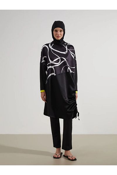LC Waikiki Lcw Dream Black Stand Collar Patterned Women's Hijab Swimsuit Set