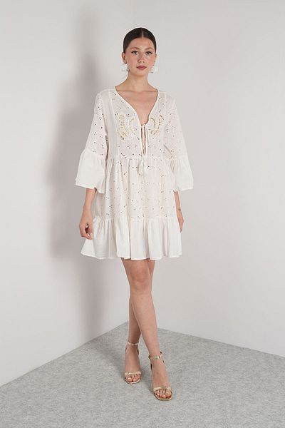 NAVAJO Gold Collar Embroidered White Dress – 100% Cotton – Standard Size (36-44)
