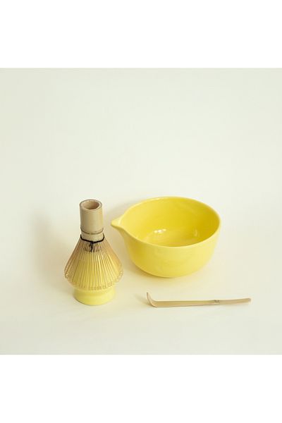 Beige & Stone Ceramic Bright Yellow Matcha Bowl and Whisk Holder Set