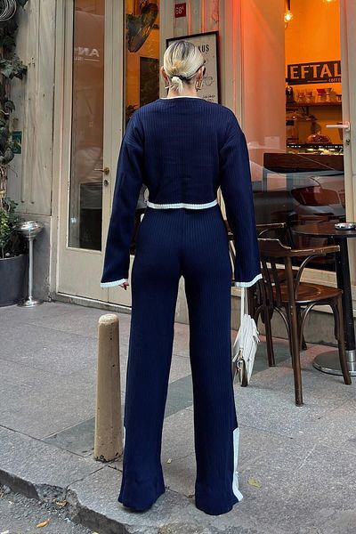 KURGAN TEKSTİL Interseated Striped Slit Knitted Crop-Pants Women's Knitwear Bottom-Top Set