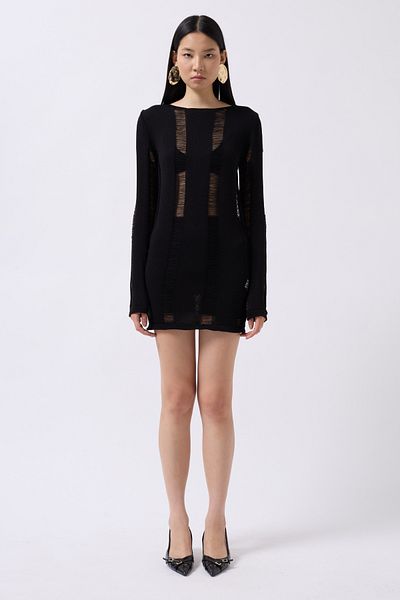 vuvutasarım Women's See-Through Look Long Sleeve Black Beach Dress 003