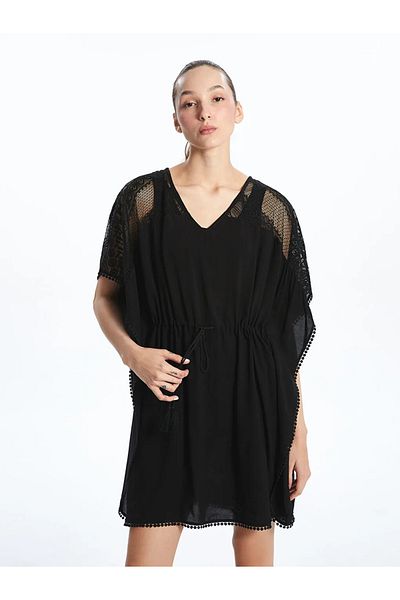 LC Waikiki Lcw Dream Black V Neck Lace Detail Beach Dress