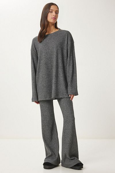 KURGAN TEKSTİL Women's Comfortable Corded Knitted Blouse Pants Set