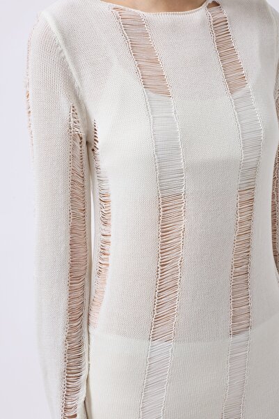 vuvutasarım Women's See-Through Long Sleeve Ecru Beach Dress 003