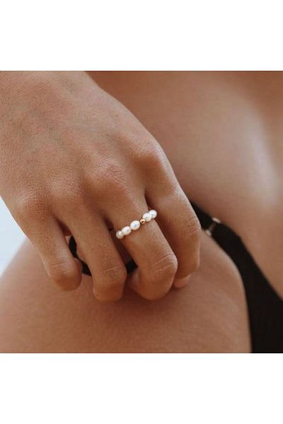 HISCOSMETIC Women's Glass Pearl Gold Detailed 3-Piece Ring Set
