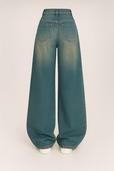 KOTOLOG Πράσινο Vintage Washed Loose Wide Leg Baggy Jean Παντελόνι Rotro