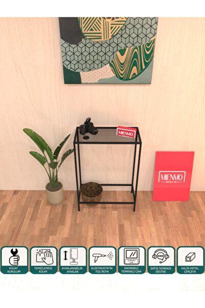 Mienmo Folly Metal Dresuar Dekoratif Kahve Köşesi Konsol Siyah Füme Camlı 60 Cm