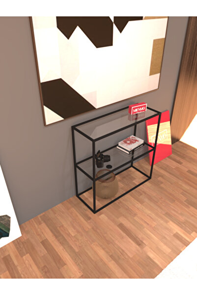 Mienmo Vira Metal Dresuar Dekoratif Kahve Köşesi Konsol Çok Raflı Siyah Şeffa...