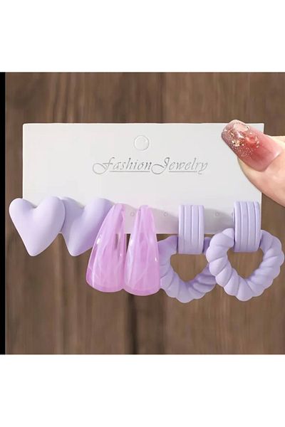 Accessories Vanilla Avenue Set of 6 Lilac Color Stylish Cute Heart Pattern Dangle Geometric Women Earrings