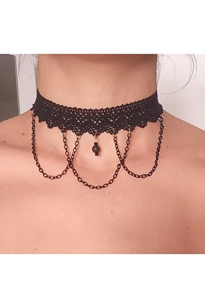 BNGaksesuar Dantel Siyah Zincirli Gotik Gerdanlık Choker Kolye