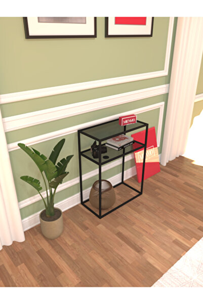 Mienmo Rigel Metal Dresuar Dekoratif Kahve Köşesi Konsol Çok Raflı Siyah Füme Camlı 60 cm