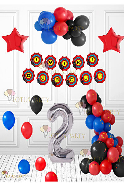 LOTUS PARTY Spider Themed Birthday Ornament - Spider Banner - Blue Red Black Balloon Silver Number 2 Age K:3826