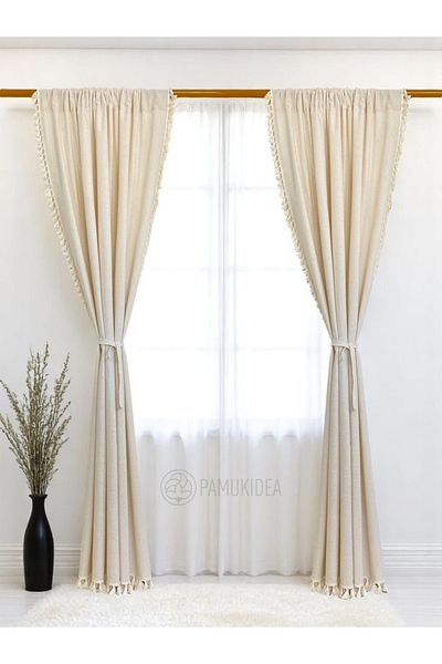 pamukidea Rustic Pocketed Cream Pompom - Tasseled 100% Cotton Buldan Linen Curtain - Single Wing - (En X Size)