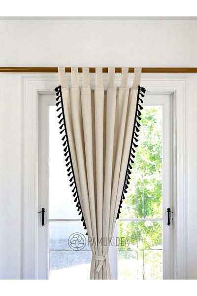 pamukidea Biritli Black Pompom - Tasseled 100% Cotton Buldan Linen Rustic Curtain - Single Wing - (En X Size)
