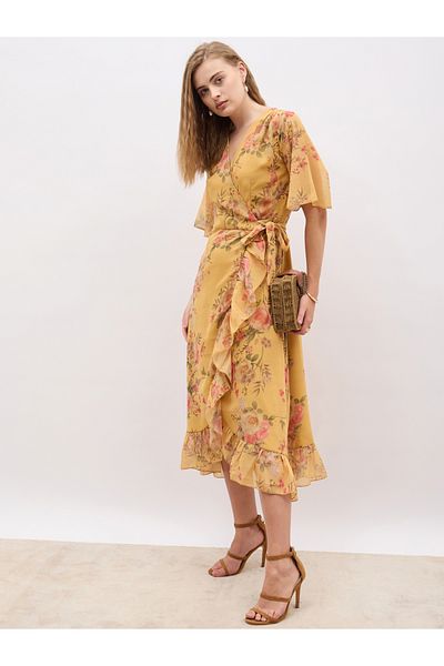 Styli Floral Print V-Neck Wrap Midi Dress